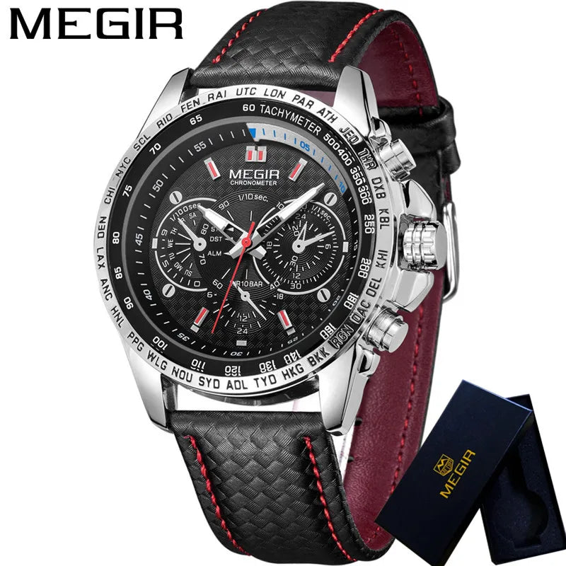 MEGIR Mens Watches Top Luxury Brand Male Clocks Military Army Man Sport Clock Leather Strap Business Quartz Men Wrist Watch 1010