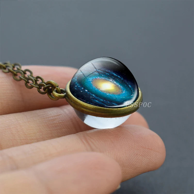 2019 New Glass Ball Galaxy Double Sided Pendant Necklace Universe Planet Jewelry Glass Picture Handmade Statement Necklace