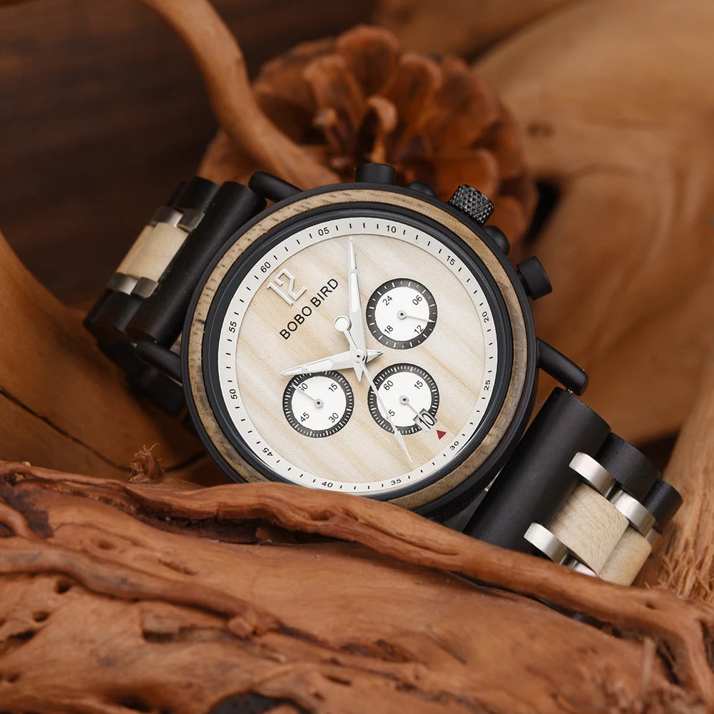 BOBO BIRD Wooden Watch Men Top Brand Luxury Stylish Chronograph Military Watches Wooden Box Logo Custom Great Reloj Hombre