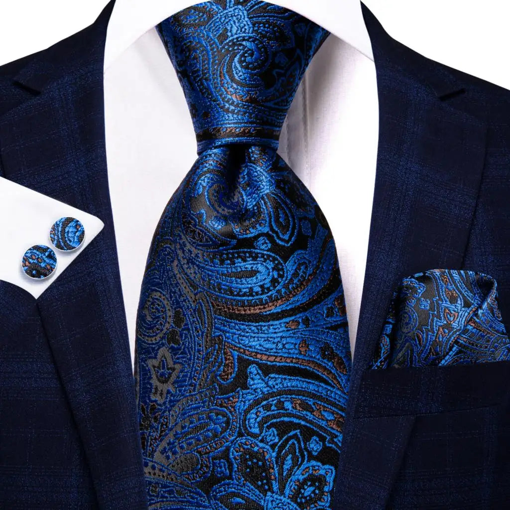 Business Tie for Men Silk Blue Tie Dots Necktie Set Plaid Cufflinks for Wedding Business Tie 150cm Hi-Tie SN-3529