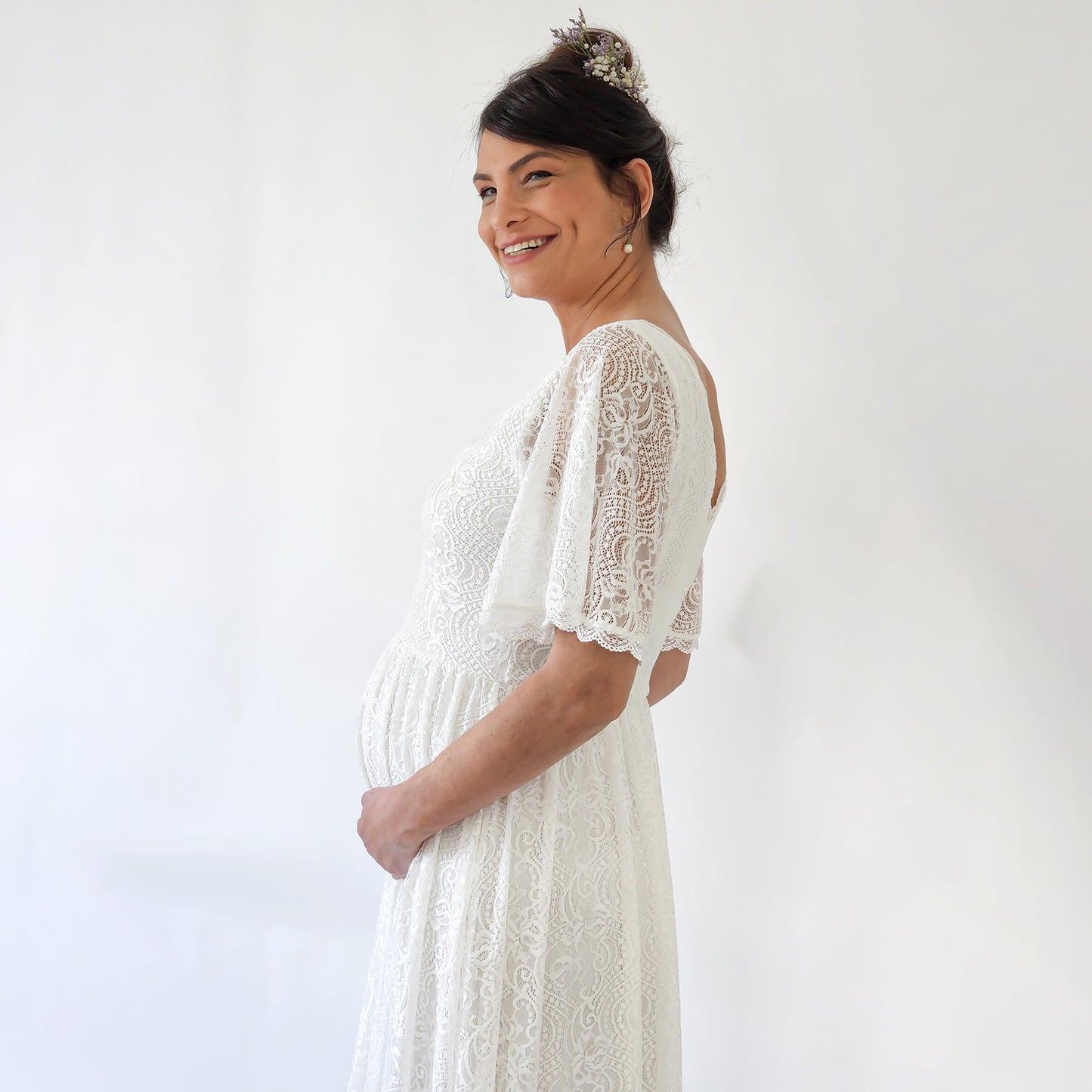 Maternity Butterfly Sleeves Bohemian Lace Ivory Wedding Dress #7017
