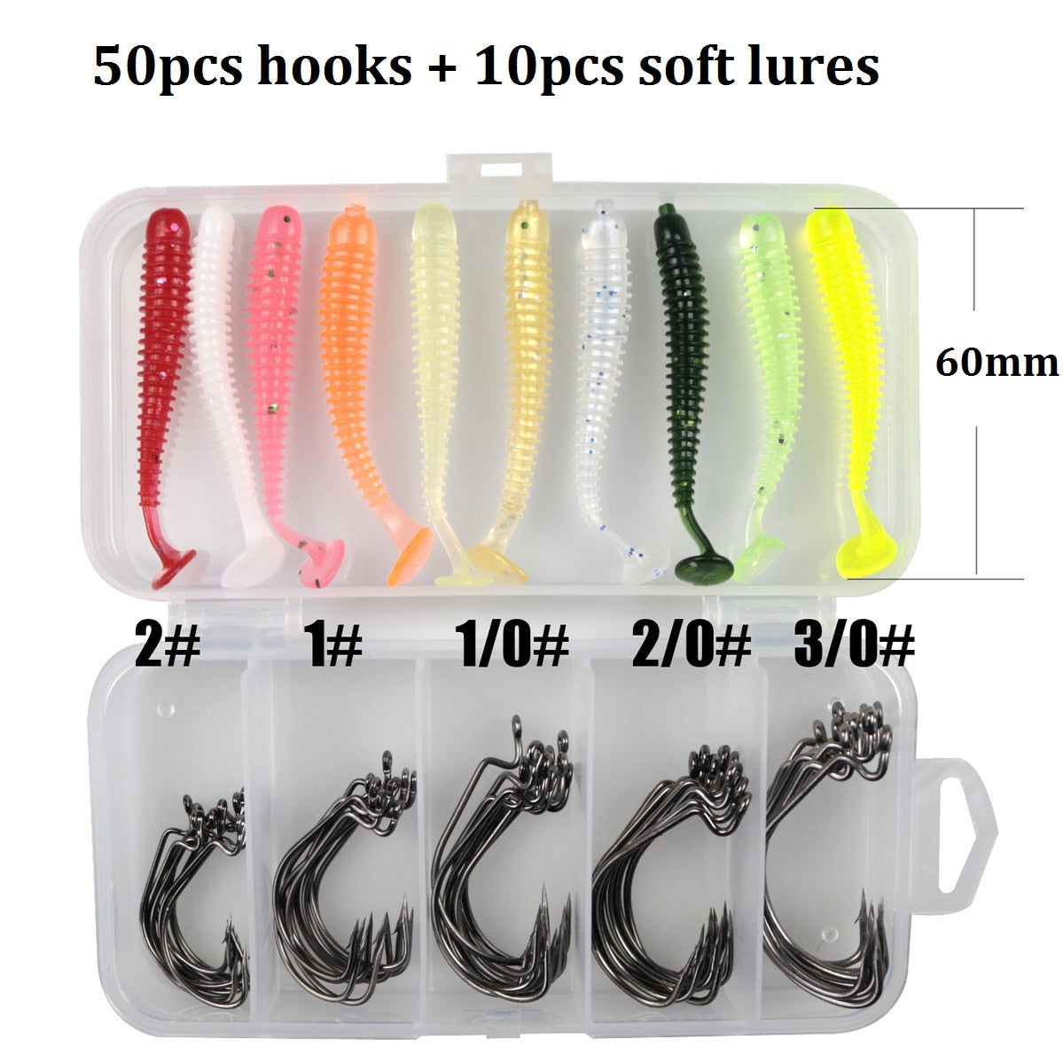 60pcs/Lot Sea Fishing Hook With Soft Lures 2#1#1/0#2/0#3/0# Carp Snap Fishing Big Hooks Tackles Accessories Fish Hook With Box