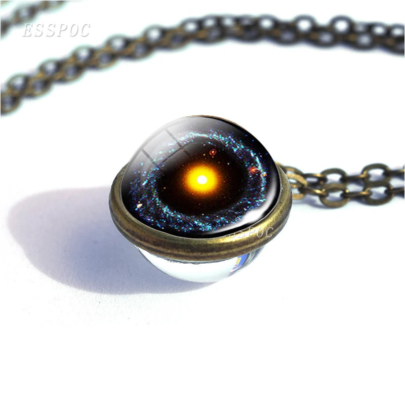 Full Moon Sphere Crystal Ball Glass Necklace Handmade Double Side Glass Ball Pendant Solar System Outer Space Astronomy Jewelry