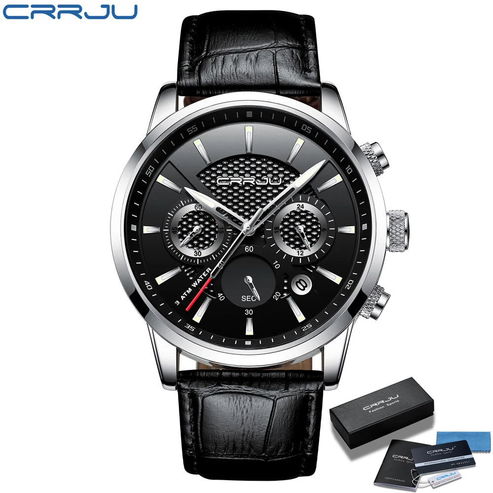 Watches Mens 2021 CRRJU Casual Leather Quartz Men's Watch Top Brand Luxury Business Clock Male Sport Waterproof Date Chronograph