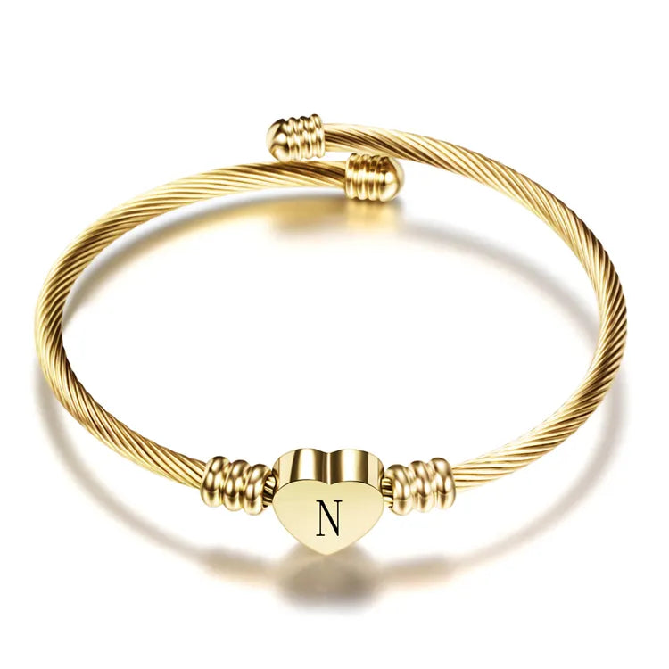 Girls Gold Color Stainless Steel Heart Bracelet Bangle With Letter Initial Alphabet Charms Bracelets for Women