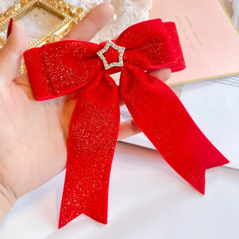 Red Golden Velvet Bow Hair Ornament Baby Hair Circles Pins Christmas New Year Ko
