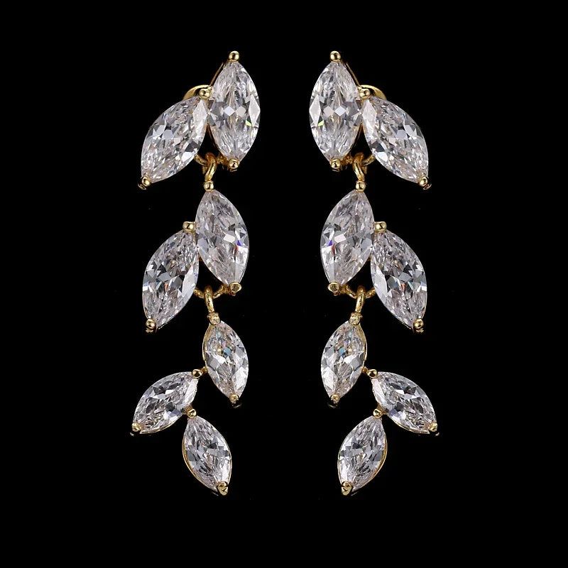 LXOEN Marquise Cut Flower Zirconia Crystal Long Drop Earrings for Women Shiny Leaf CZ Stone Bridal Wedding Jewelry