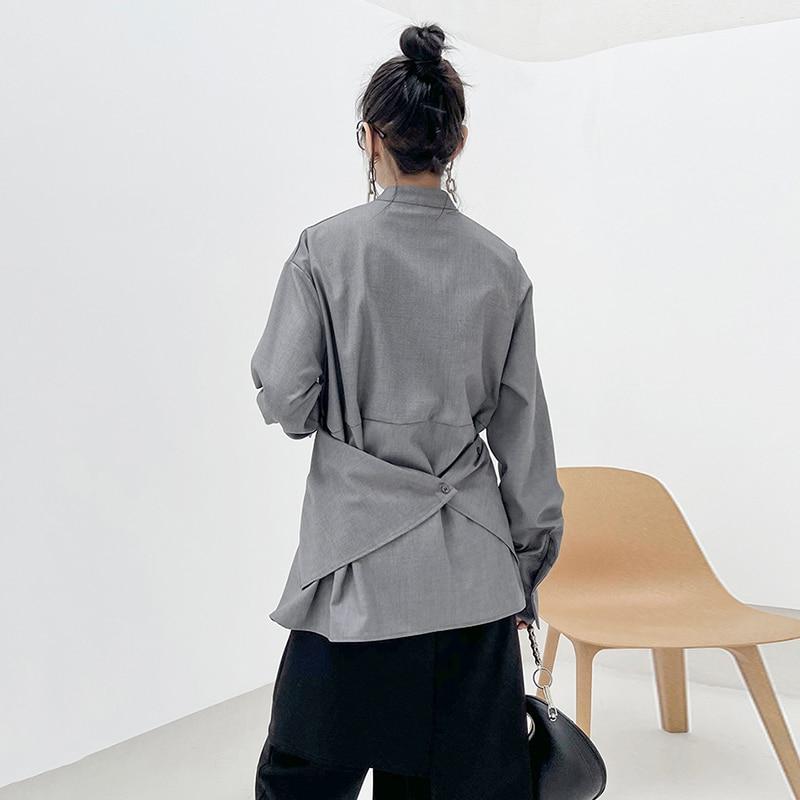 Kume Loose Stand Collar Long Sleeve Shirt - Gray