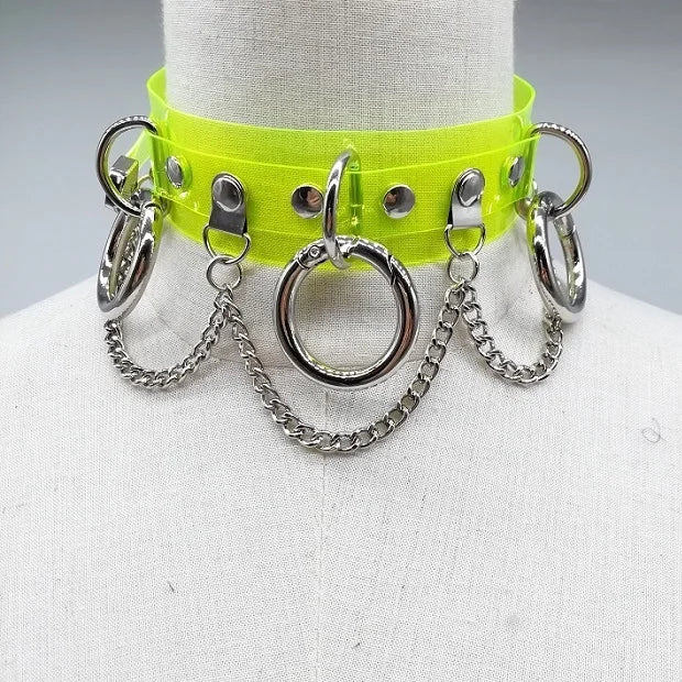Women Fashion Punk Choker Necklace Handmade Neon Green Neon Pink Three O Chain Necklace Harajuku Collar Belt