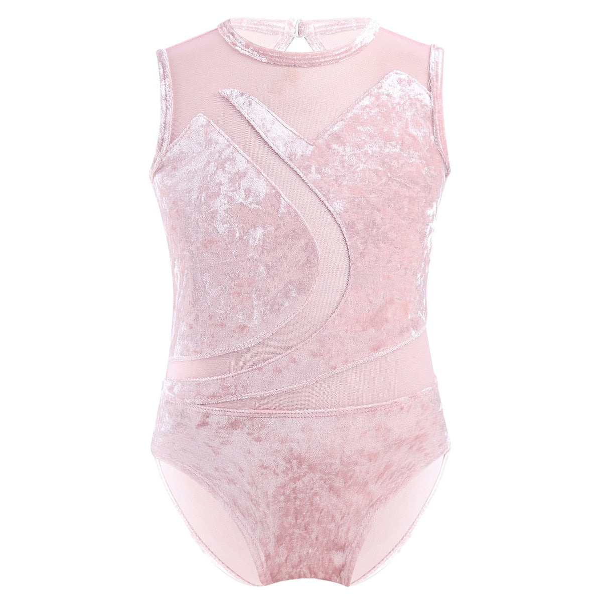 Girls Sleeveless Soft Pleuche Mesh Splice Gymnastics Leotard One-Piece Cutout