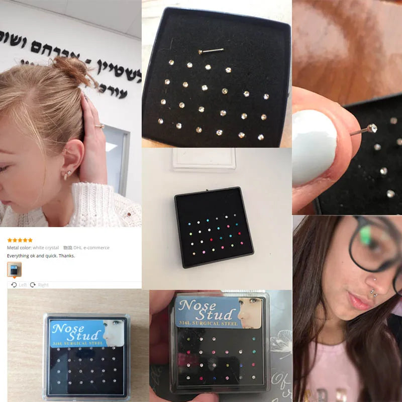 24pcs Crystal Nose Ring & Studs Body Women Girl Jewelry Stainless Surgical Steel Nose Piercing Colorful Rhinestone