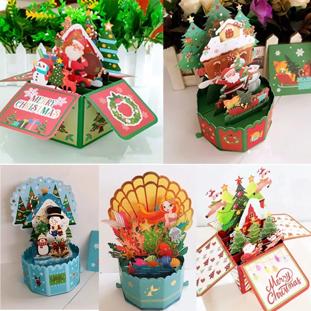 Santa Claus 3D Pops-Up Bouquet Girlfriend Swan Mermaid Merry Christmas Cards Xma
