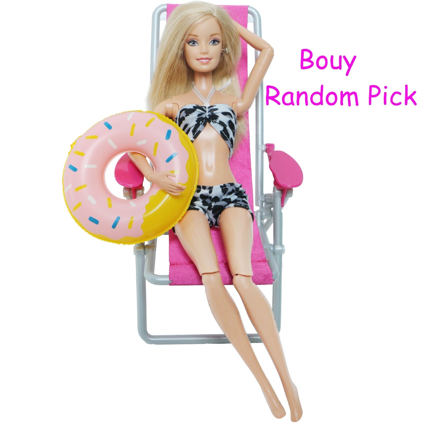 3 Pcs/Lot = 1x Swimsuit Bikini + 1x Random Swimming Buoy Lifebelt Ring +1x Pink Foldable Beach Chair Accessories for Barbie Doll