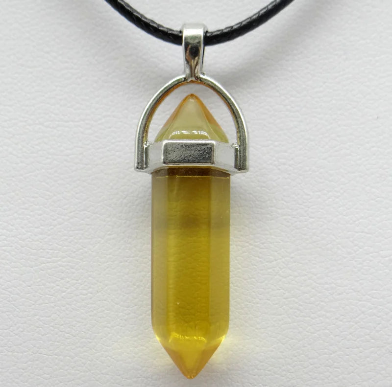 1PCS Natural Stone Quartz Crystal Opal Agates Hexagonal Column Pendulum Pendant Leather Chains Necklace Fashion Charms Pendant
