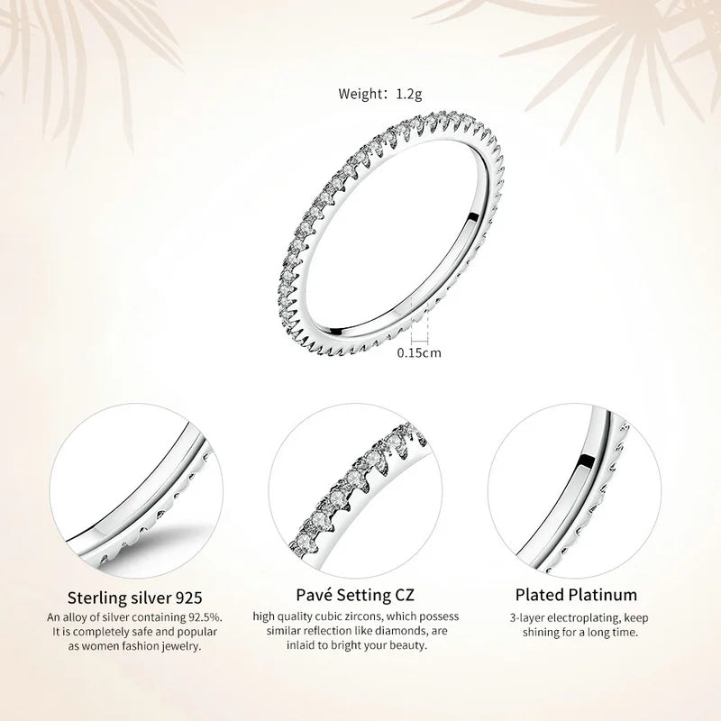 BAMOER Classic 925 Sterling Silver High Quality Circle Clear CZ Geometric Stackable Rings for Women Wedding Jewelry