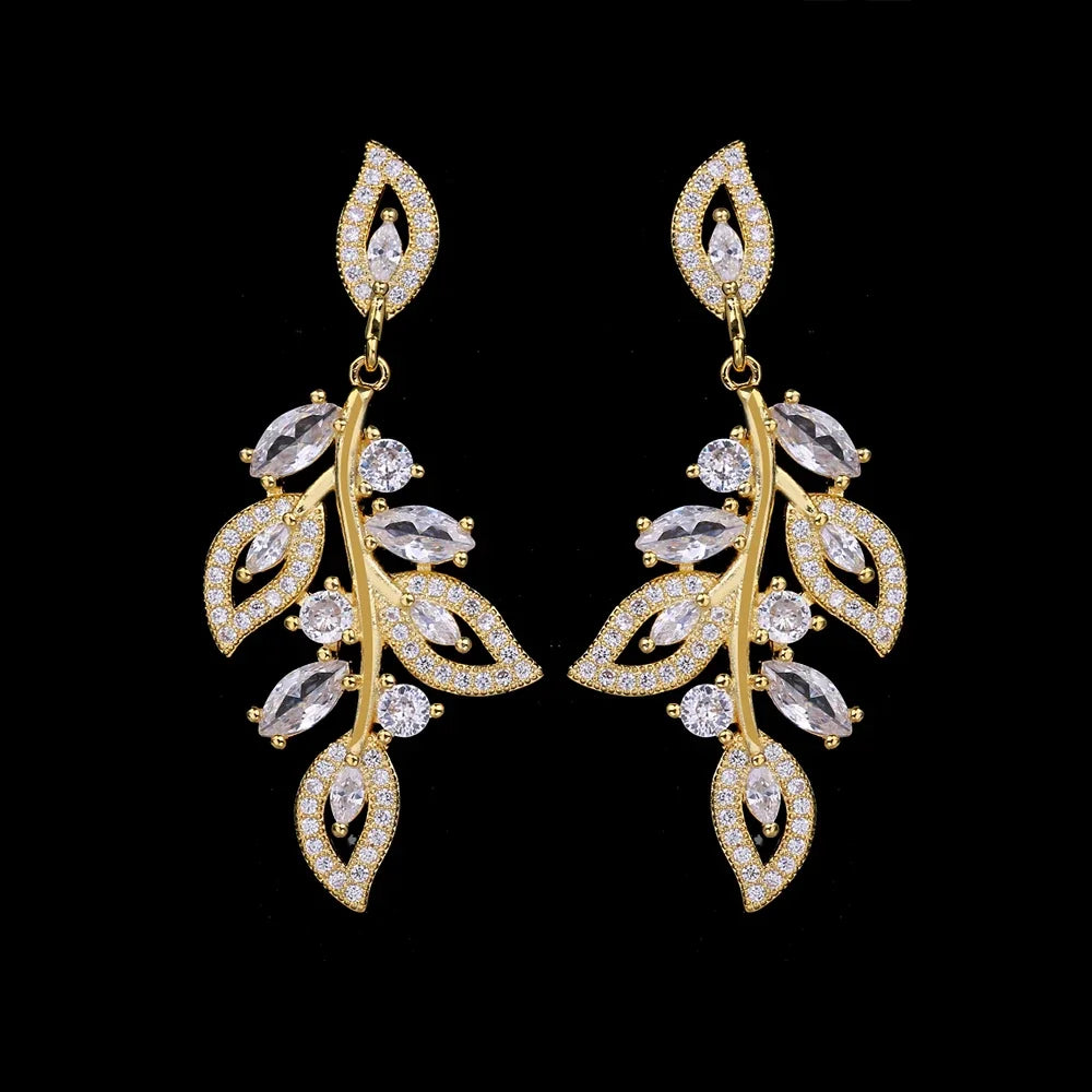 LXOEN Marquise Cut Flower Zirconia Crystal Long Drop Earrings for Women Shiny Leaf CZ Stone Bridal Wedding Jewelry