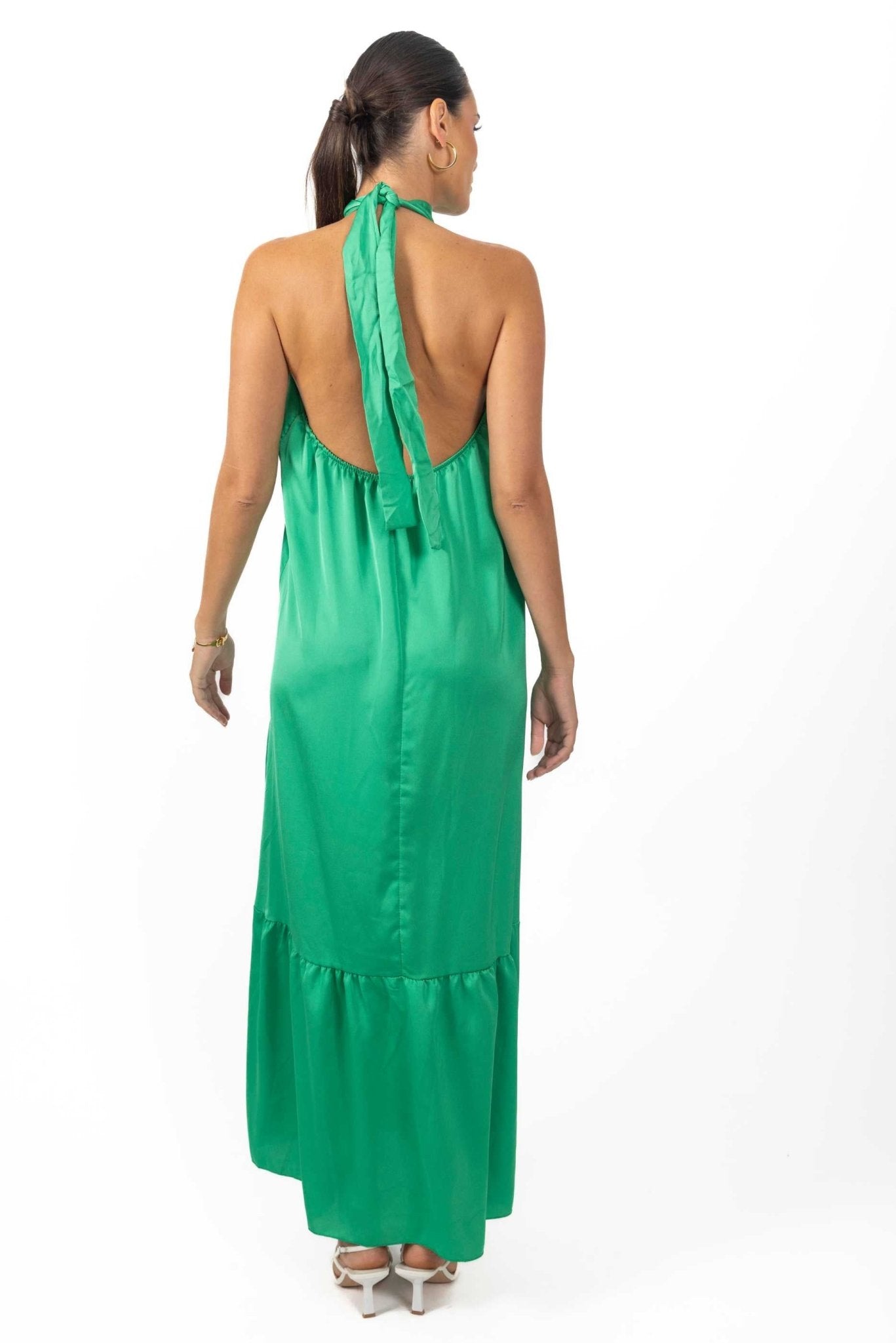 Nalory Satin Silk Backless Maxi Dress in Green