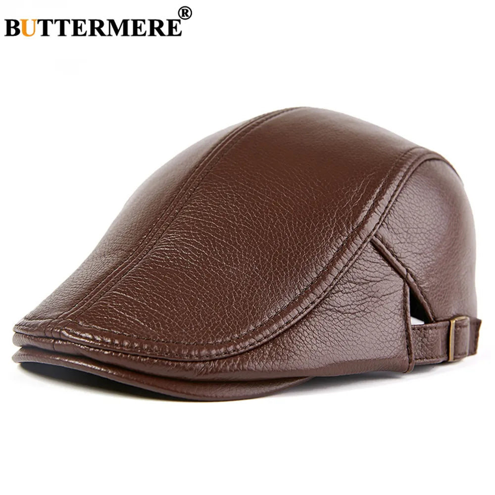 BUTTERMERE Men Beret Hat Real Leather Flat Cap Sheepskin Autumn Winter Male Brown Adjustable High Quality Gatsby Mens Beret Caps
