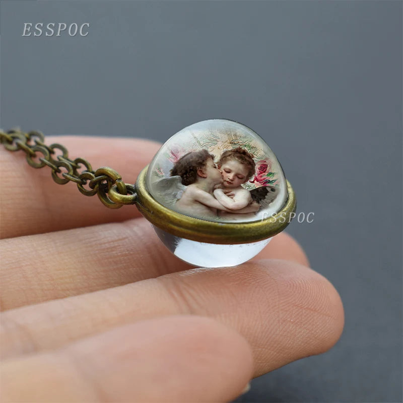 Vintage Double Sided Glass Ball Necklace Hadas Goticas Angel on Moon Art Photo Fairy Tale Pendant Women Jewelry