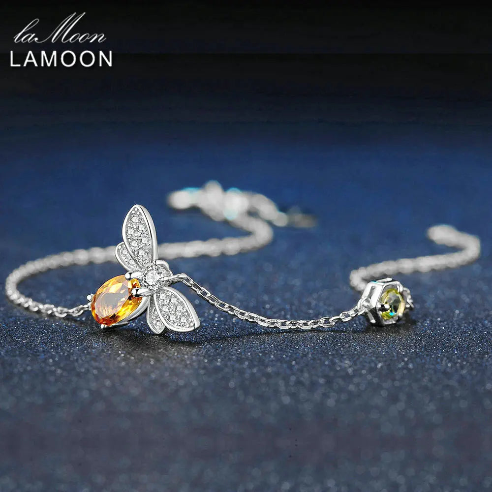 LAMOON Bee Bracelet for Woman Citrine Gemstones Bracelets 925 Sterling Silve 14K Gold Plated Designer Jewelry for Lover LMHI002