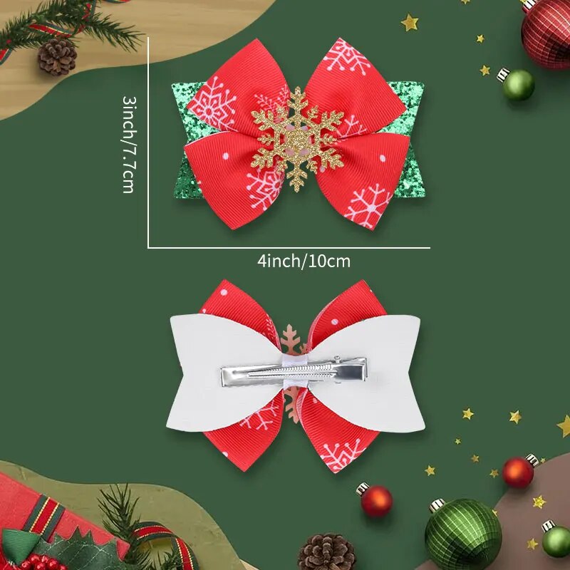Christmas Hair Bows Clips Sparkly Santa Claus Xmas Socks Hairpins Headwear Christmas Tree Printing Ribbon Hair Clip for Girls