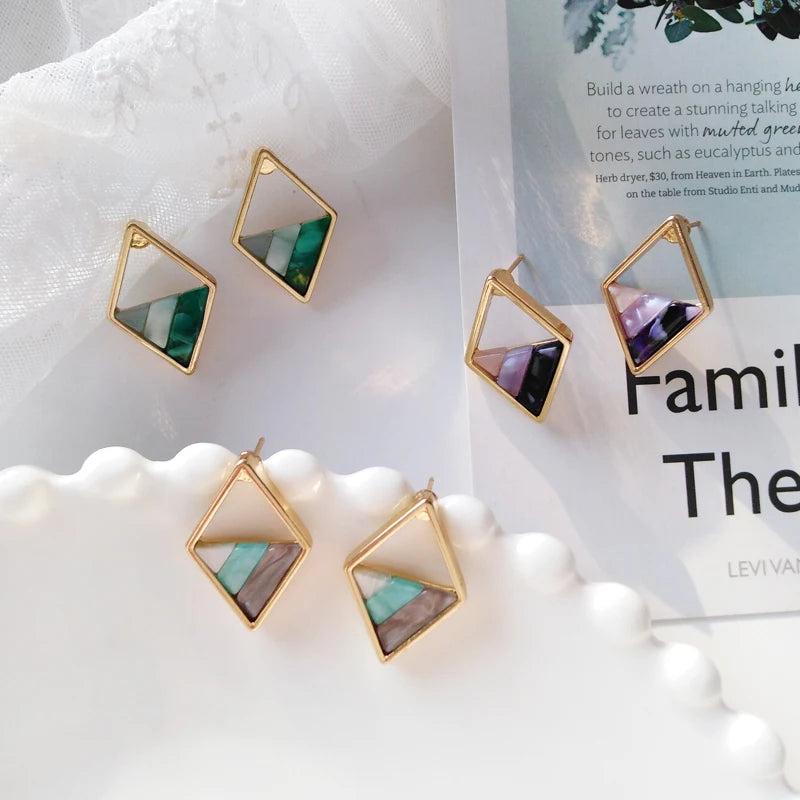 Contracted Lozenge Color Contrast Color Earrings Female Fashion Lady Geometric Hollow Out the Triangle Stud Earrings Earrings