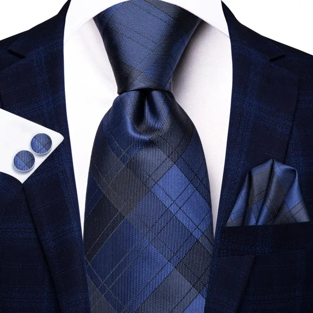 Business Tie for Men Silk Blue Tie Dots Necktie Set Plaid Cufflinks for Wedding Business Tie 150cm Hi-Tie SN-3529