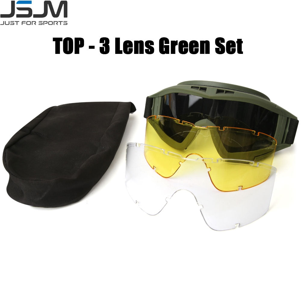 JSJM New Tactical Goggles 3 Lens Windproof Dustproof Safety Protection Motocross Motorcycle Mountaineering Glasses Men UV400