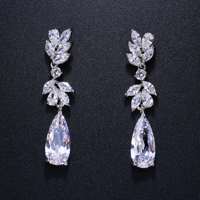 LXOEN Marquise Cut Flower Zirconia Crystal Long Drop Earrings for Women Shiny Leaf CZ Stone Bridal Wedding Jewelry