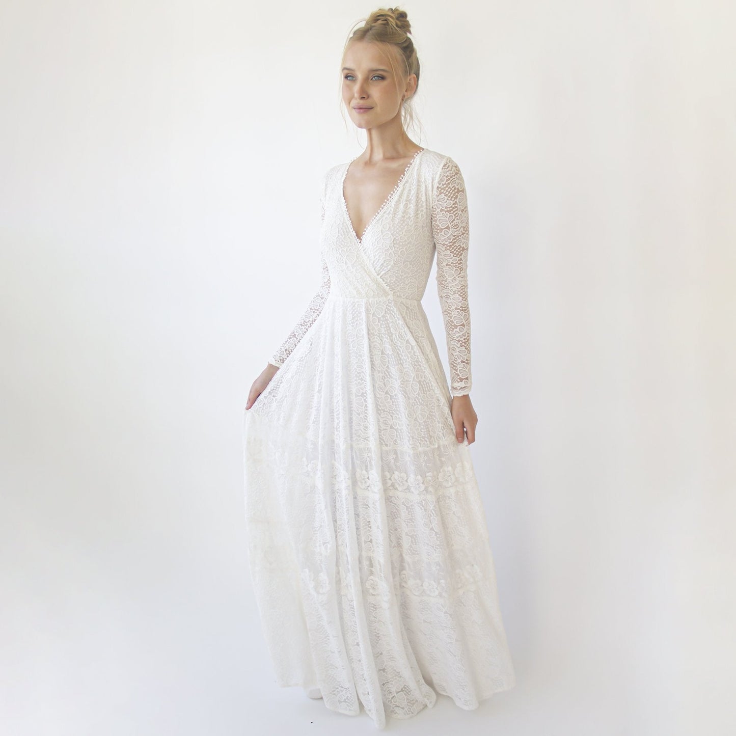 Bohemian Lace Wedding Dress Wrap Neckline With Fringes #1363