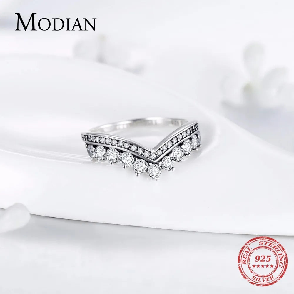 Modian Fashion 100% Real 925 Sterling Zircon Crown Finger Ring Classic Stackable Silver Jewelry for Women Wedding Christmas