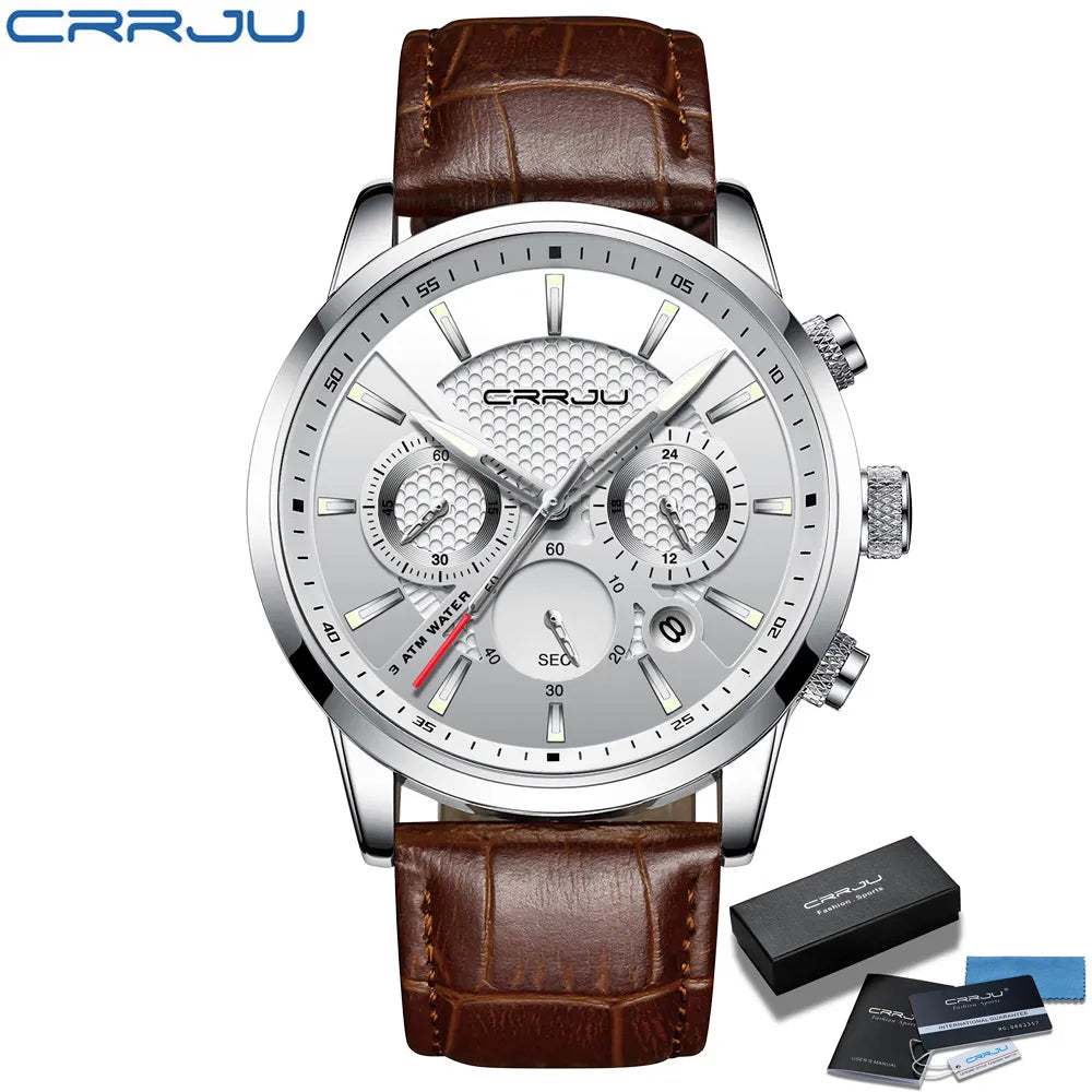 Watches Mens 2021 CRRJU Casual Leather Quartz Men's Watch Top Brand Luxury Business Clock Male Sport Waterproof Date Chronograph