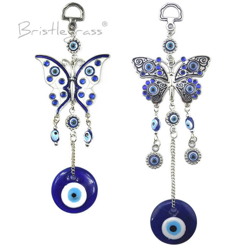 BRISTLEGRASS Turkish Blue Evil Eye Rhinestone Butterfly Wall Hanging Pendants Amulets Lucky Charm Blessing Protection Decor