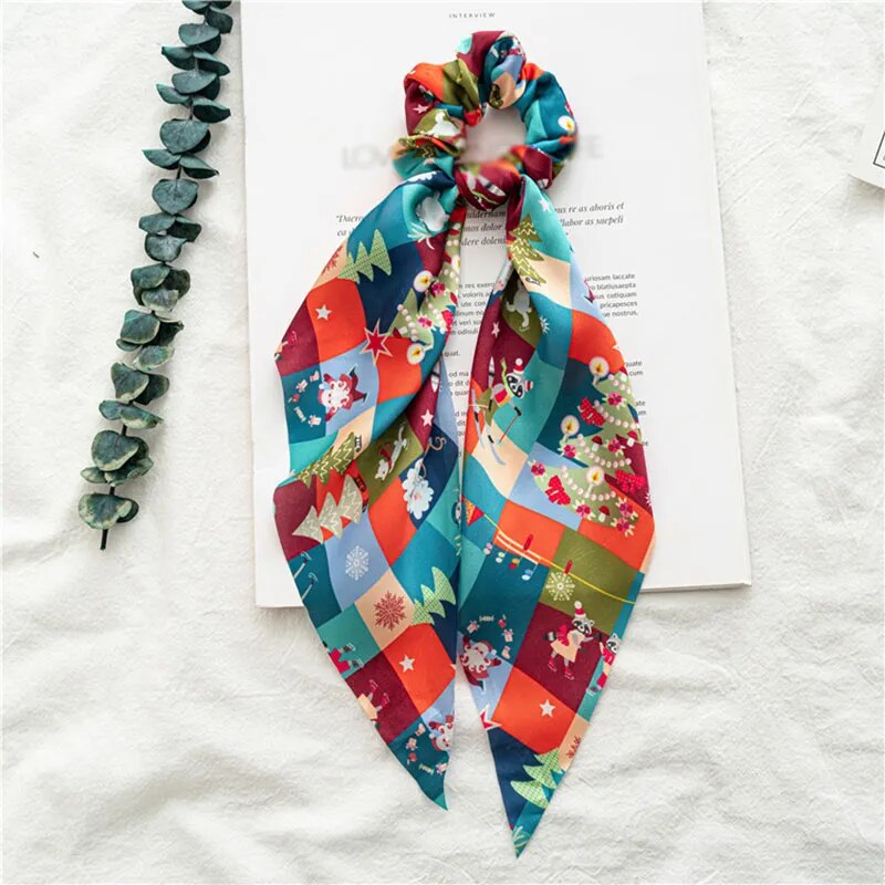 Santa Claus Bows Hair Scrunchies Long Ribbon Ponytail Scarf Hair Tie Women Girls Elastic Hair Bands Christmas Hair Accessories