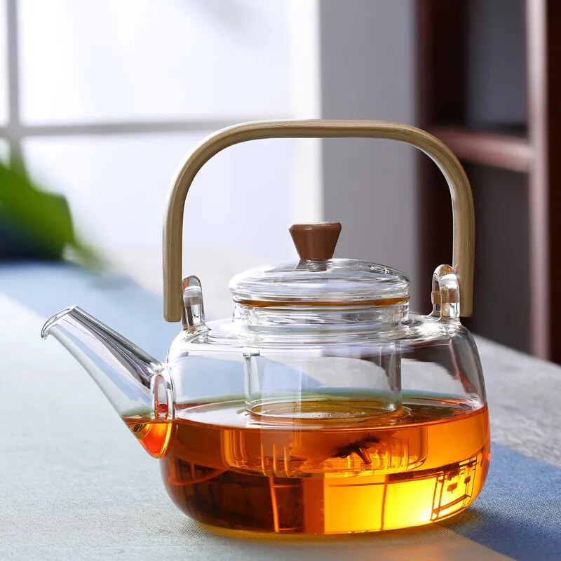 Glass Teapot Heat-Resistant Borosilicate Boiling Thickened Bamboo Handle Hou
