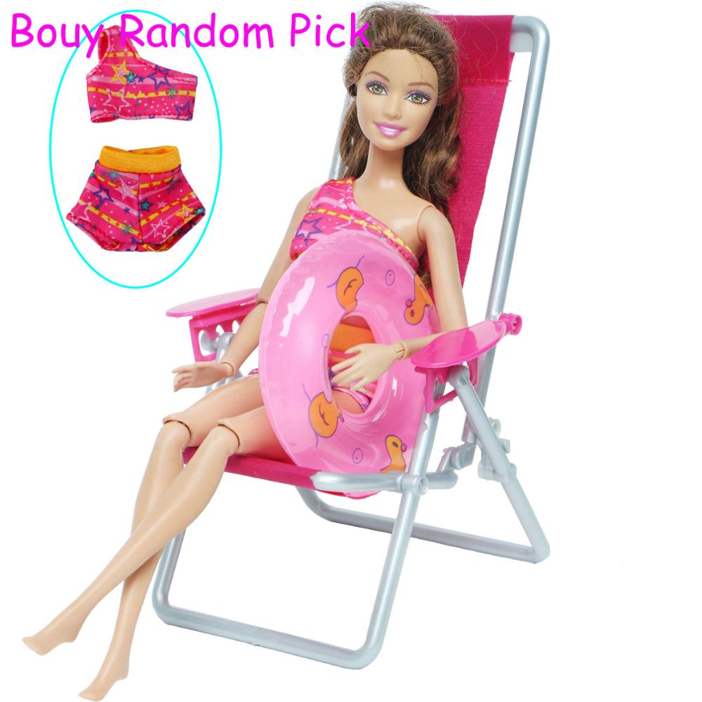 3 Pcs/Lot = 1x Swimsuit Bikini + 1x Random Swimming Buoy Lifebelt Ring +1x Pink Foldable Beach Chair Accessories for Barbie Doll
