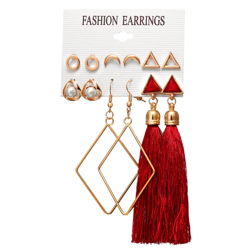 17KM 30 Boho Tassel Earrings Bohemian Long Earrings Set for Women Brincos Geometric Fabric Drop Earring Female Fashion Jewelry