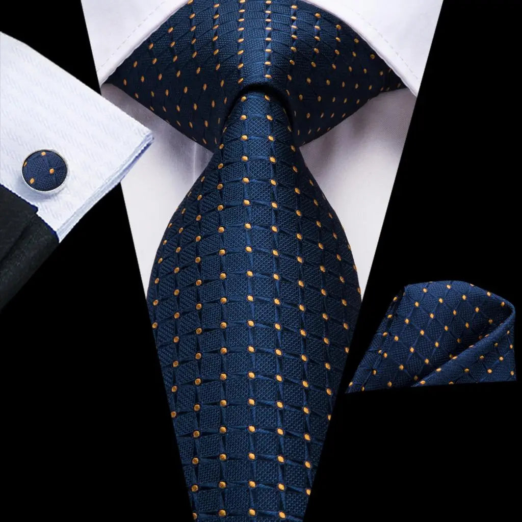 Business Tie for Men Silk Blue Tie Dots Necktie Set Plaid Cufflinks for Wedding Business Tie 150cm Hi-Tie SN-3529