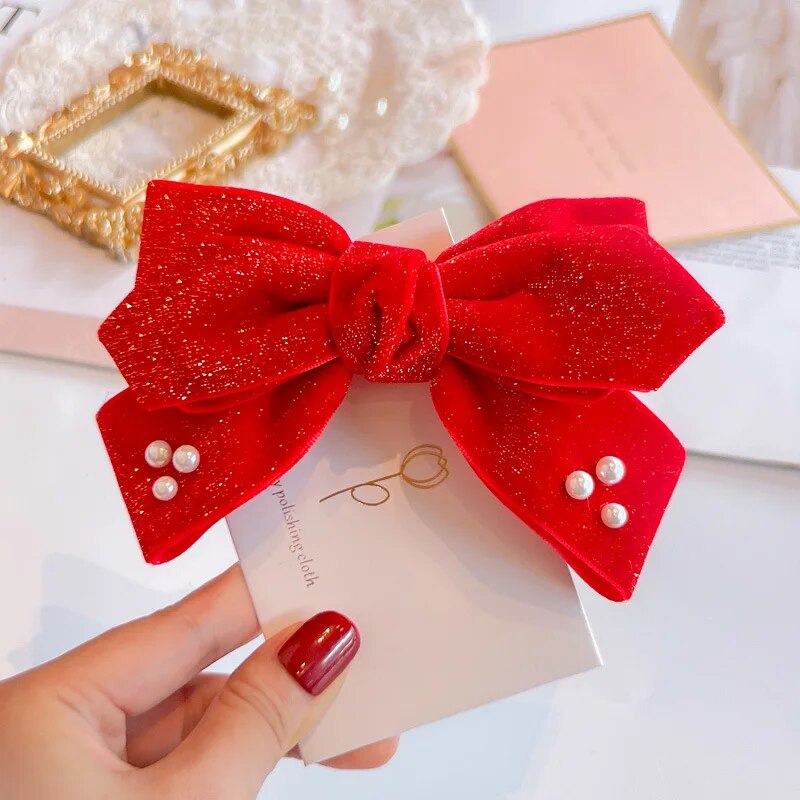 Red Golden Velvet Bow Hair Ornament Baby Hair Circles Pins Christmas New Year Ko