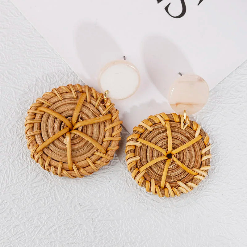 AENSOA Multiple 27 Style Korea Handmade Wooden Straw Weave Rattan Vine Braid Drop Earrings New Geometric Long Earrings