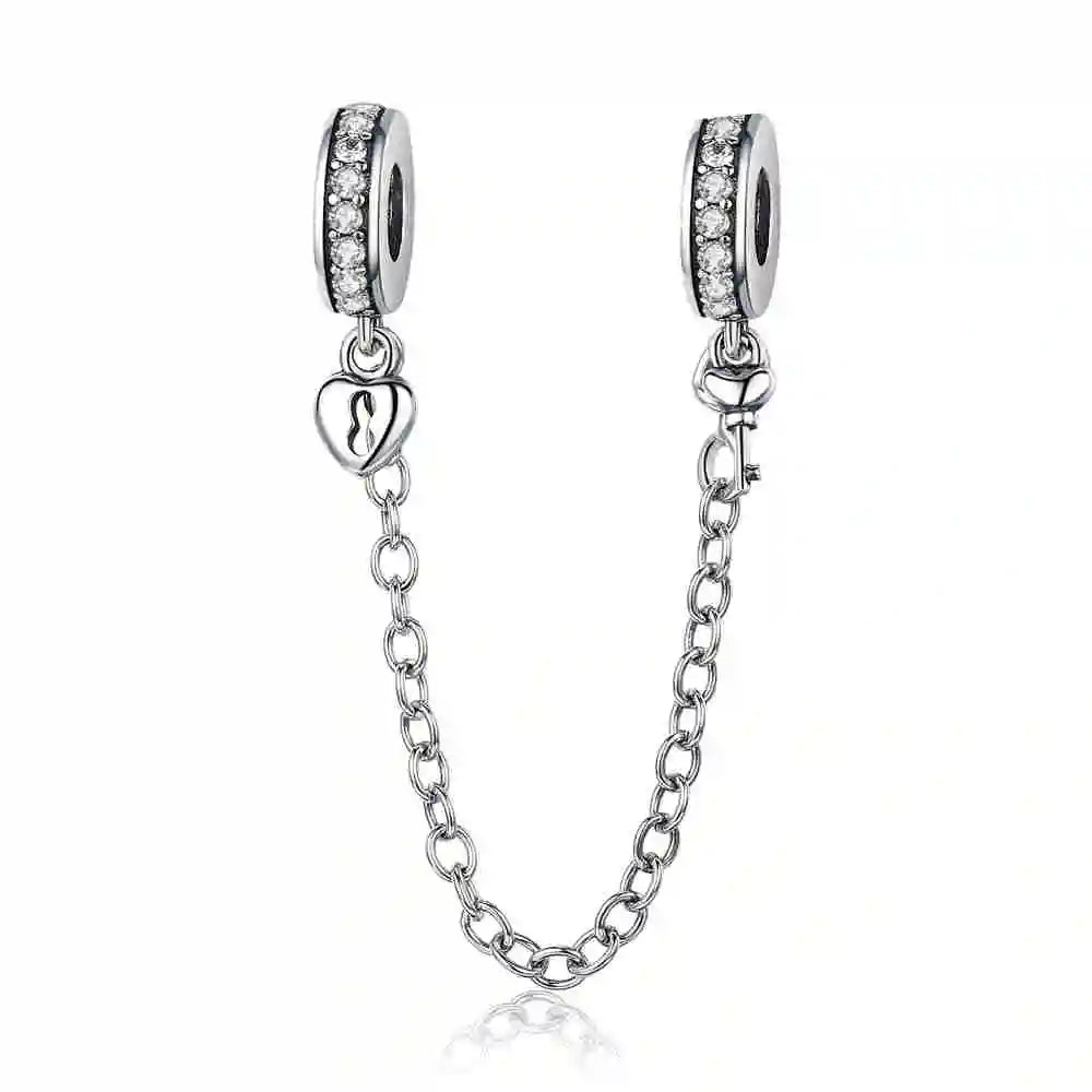 BISAER 925 Sterling Silver Safety Chain Collection Heart Star Charms Silicone Bead Fit Women Bracelet Fine Jewelry Accessories