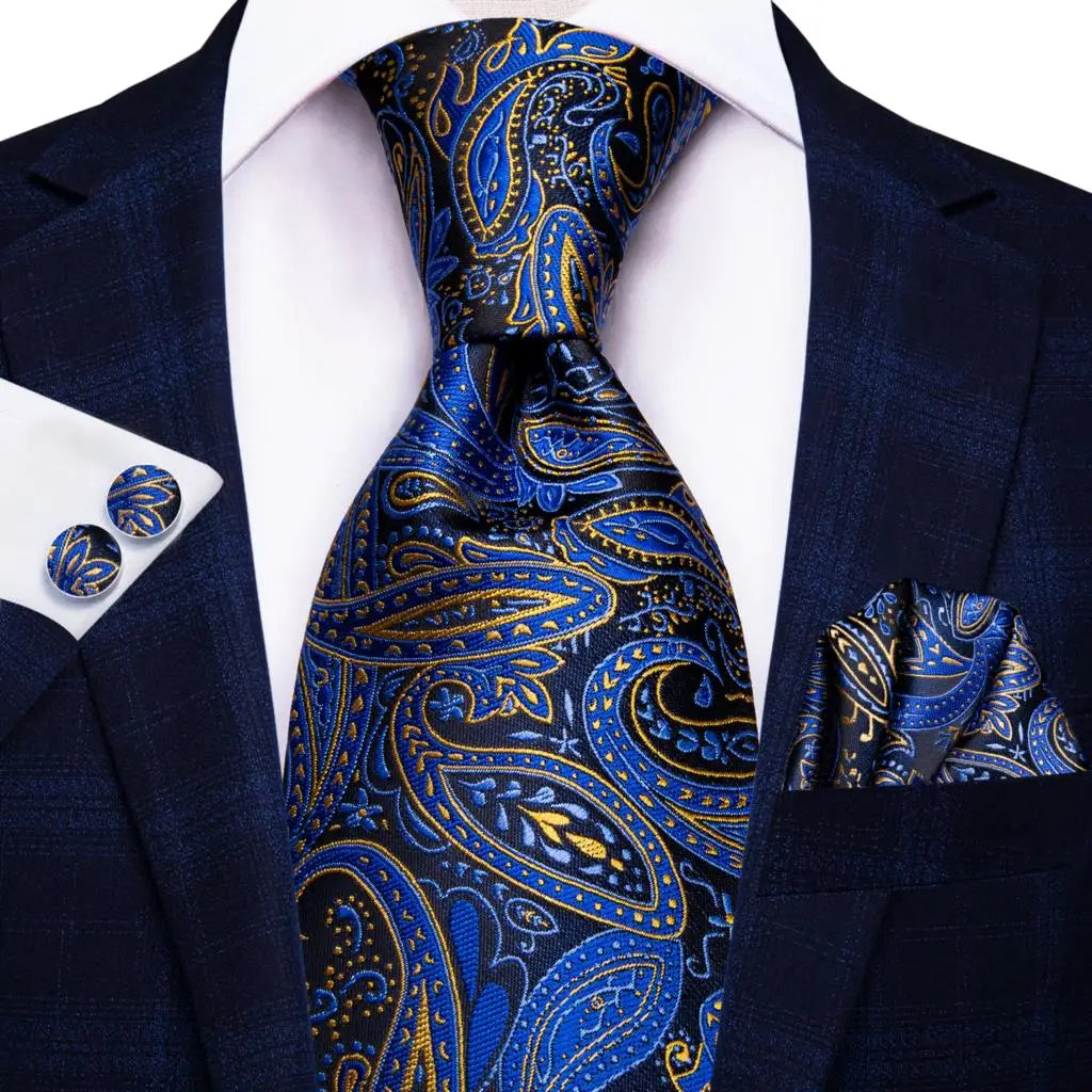 Business Tie for Men Silk Blue Tie Dots Necktie Set Plaid Cufflinks for Wedding Business Tie 150cm Hi-Tie SN-3529