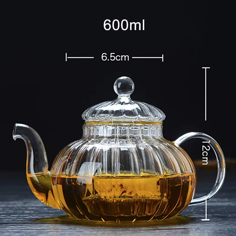 Heat Resistant Glass Pot 600ml Striped Pumpkin Shape Flower Teapot Glass Teapot