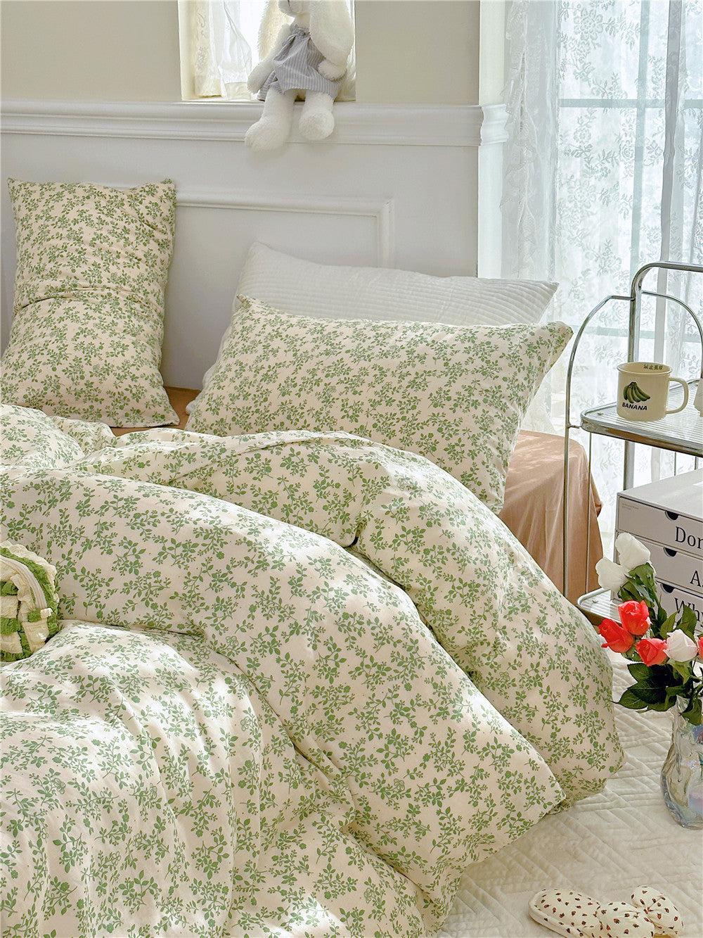 Double Layer Cotton Bedding Set Infant Class Softness Floral Design Duvet Cover Bed Sheet Pillowcases 4 Pieces Bedding Set