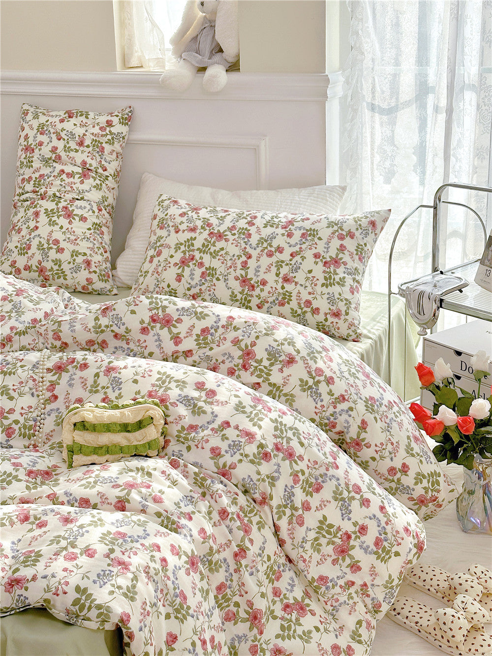 Double Layer Cotton Bedding Set Infant Class Softness Floral Design Duvet Cover Bed Sheet Pillowcases 4 Pieces Bedding Set