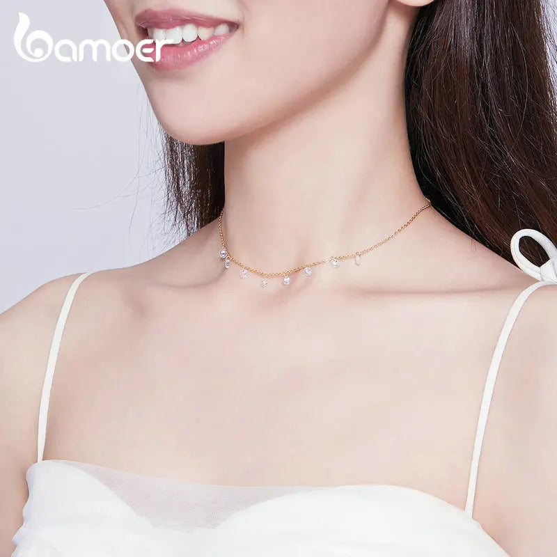 Bamoer 925 Sterling Silver 14K Gold Plated Dainty Chain Choker 5A Cubic Zirconia Pendant Necklace Women Girl Jewelry 16.53”