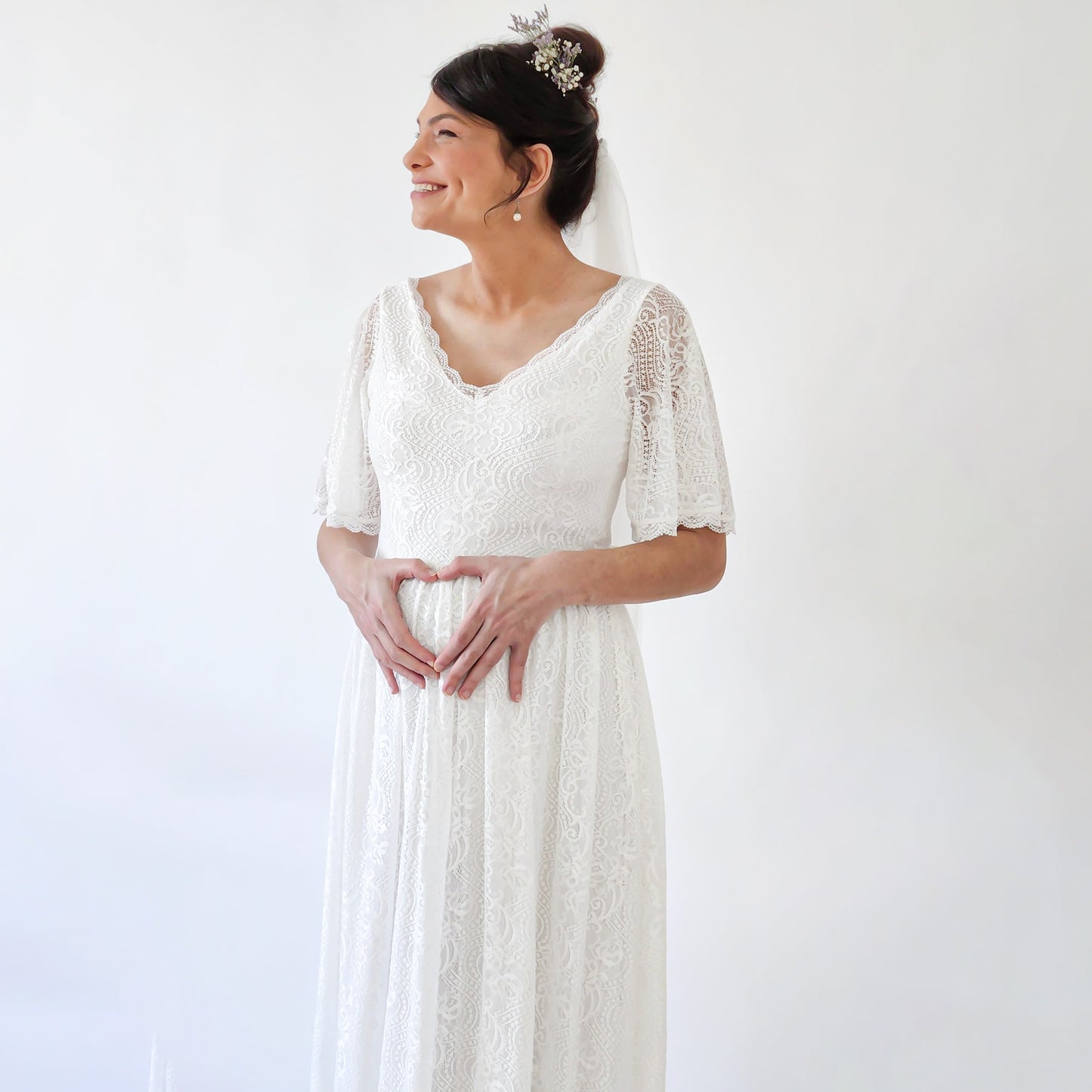 Maternity Butterfly Sleeves Bohemian Lace Ivory Wedding Dress #7017