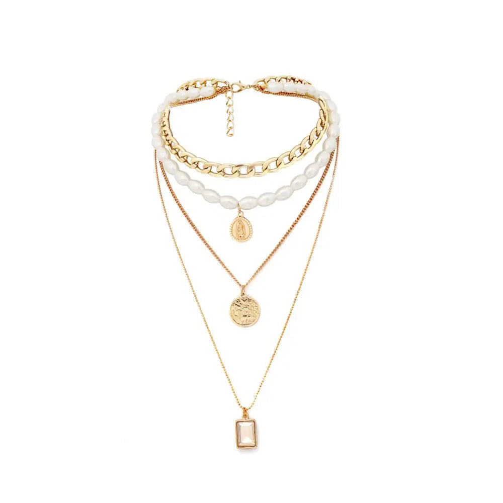 IngeSight.Z Punk Multi Layered Imitation Pearl Choker Necklace Collar Virgin Mary Coin Crystal Pendant Neck Women Jewelry