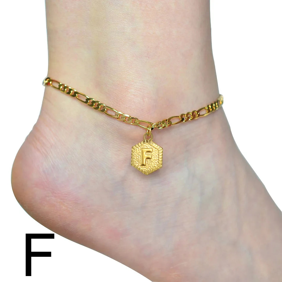 Anniyo 21cm + 10cm Extender Chain / A-Z Initial Letter Anklet for Women Alphabet Jewelry Foot Chain Girl #105906