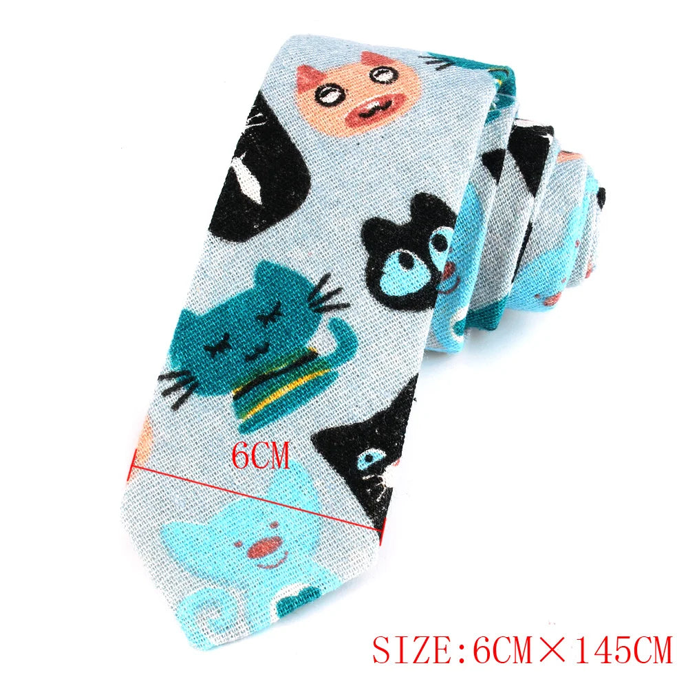 CartoonSkinny Tie for Men Women Narrow Neck Tie for Wedding Casual Cartoon Neckties Classic Suits Slim Cotton Linen Neck Ties
